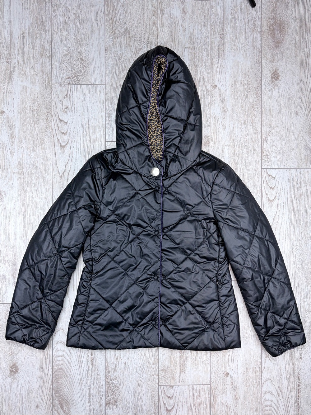 RENUAR Size 44 Black Quilted Hooded Jacket with Leopard Print Lining
